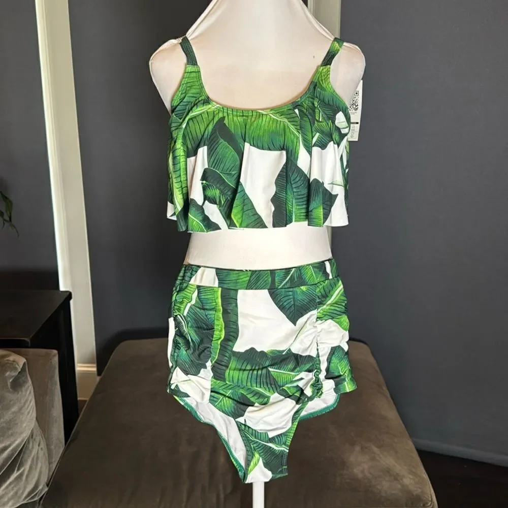 Women’s White & Green Bathers High Waisted 2 Piece Bikini Size S NWT
